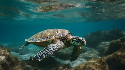 Turtle swims underwater in the sea. closeup, Tropical coral reef fauna, nature concepts