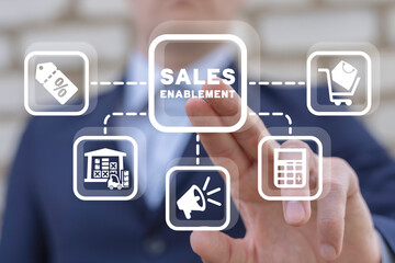 Man using virtual touch interface presses inscription: SALES ENABLEMENT. Concept of Sales Enablement. Business Marketing Technology.