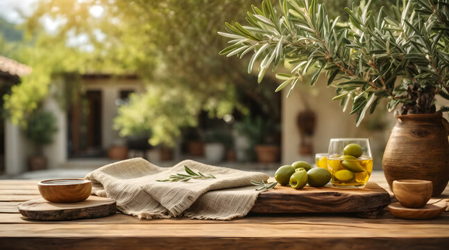 Natural wooden table and organic cloth with olive tree plant and blurred background.