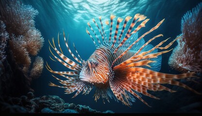 Lion fish hunting among coral reefs. Colorful tropical sea life. Underwater photography. Travel inspiration. Sea ocean wildlife wallpaper