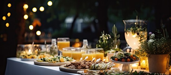Wedding reception table with snacks lemonade candles and decor set against a lush lawn backdrop