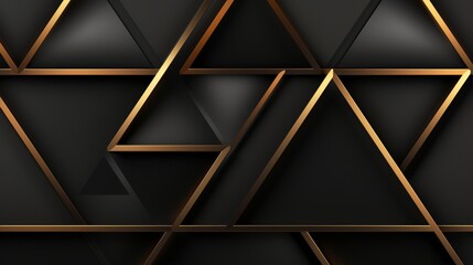 Luxury triangle abstract black metal background with golden light lines. Dark 3d geometric texture illustration. Bright grid pattern. Pure black horizontal banner wallpaper. Carbon elegant wedding BG