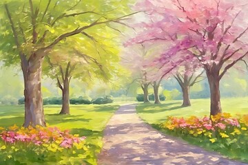 Naklejka premium Digital Oil Paintings Landscape Capturing Spring in the Park Through Fine Art