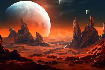 an abstract space landscape of a planet and rocks, in the style of light orange, high resolution, detailed world-building, light crimson and green, sculpted, desertwave, nightscape. - obrazy, fototapety, plakaty