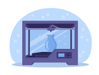 3D print technology concept. Modern and futuristic technologies, innovations. Tablet showing progress printing. Poster or banner. Cartoon flat vector illustration isolated on white background