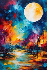 Hand-Drawn Painting Abstract Art Panorama with Moon Background, Rich Colors, Texture Design, and Illustrative Beauty