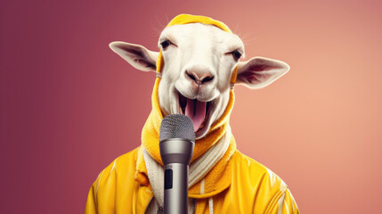 A goat as a rapper with a microphone,  ready for the spotlight. Wide banner with copy space on the side - obrazy, fototapety, plakaty