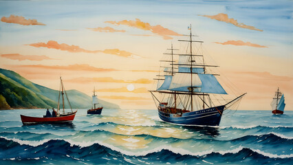 Seascape Art Fisherman, Ships, and Boats in Oil Paintings and Watercolors