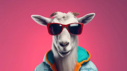 Fotobehang A goat as a rapper,  dropping rhymes with attitude. Wide banner with copy space on the side © basketman23