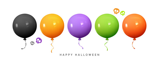 Set of round helium balloons black and orange, purple, green colors. Halloween balloons isolated on white background. Festive element in realistic 3d design. Decor for Halloween. vector illustration © lauritta