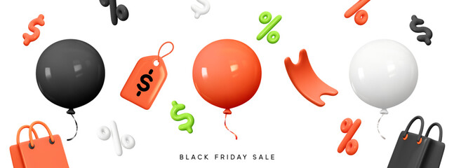 Black Friday object. Set round shape helium balloons in black red and white colors. Festive decorative element in realistic 3d design discount coupon, percent symbol, shopping bag. vector illustration