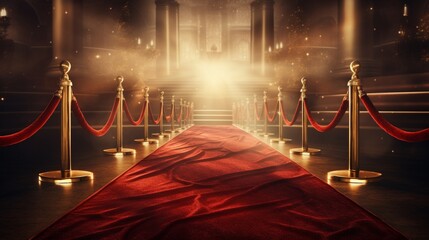 Red carpet rolling out in front of glamorous movie premiere background - obrazy, fototapety, plakaty