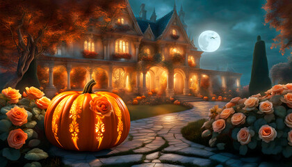 Halloween pumpkins near the entrance to the house for the holiday