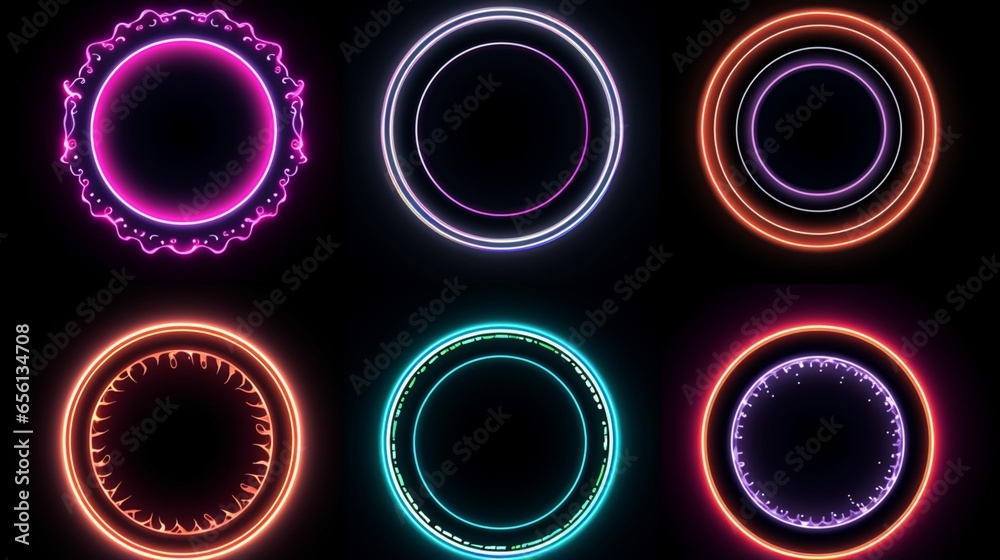 Wall mural set of glowing neon color circles round curve shape with wavy dynamic lines isolated on black backgr