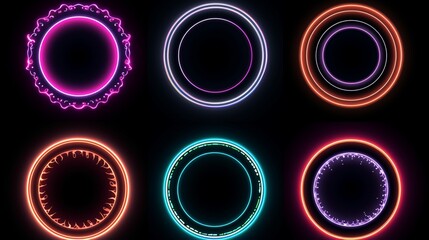 Set of glowing neon color circles round curve shape with wavy dynamic lines isolated on black background technology concept. Circular light frame border. You can use for badges, price tag, label - obrazy, fototapety, plakaty