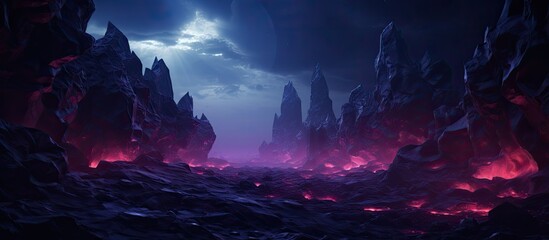 Abstract neon of a mystical cosmic terrain with a pink blue glowing cube amidst a futuristic virtual reality of dark space ultraviolet light crystal mountains rocks and ground