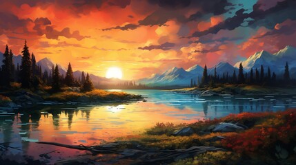 Sunsets of Never series. Landscape of virtual paint - obrazy, fototapety, plakaty