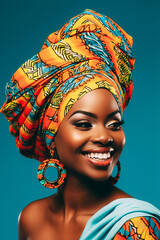 Happy african woman wearing turban isolated on vibrant colors studio background