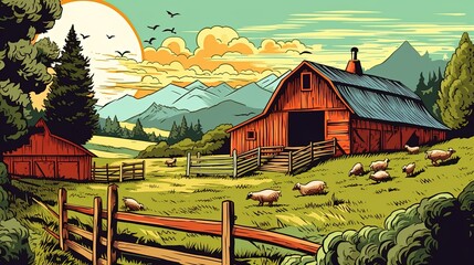 Rustic farm with animals. Fantasy concept , Illustration painting.