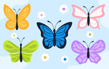 Set of butterflies concept. Green, yellow and blue insects. Fauna and biology. Symbols os spring season. Wildlife and nature. Cartoon flat vector collection isolated on blue backgound