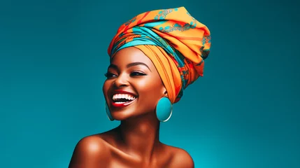 Fotobehang Happy african woman wearing turban isolated on vibrant colors studio background © Ricardo Costa