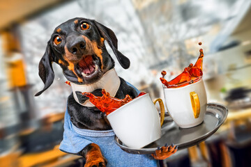 Frightened dog dachshund, waiter in uniform drops tray with two cups of coffee, splashes pour out, spill Clumsy barista, bartender shed tea, bulging eyes shocked by trouble Poor cafe service, trainee  - obrazy, fototapety, plakaty
