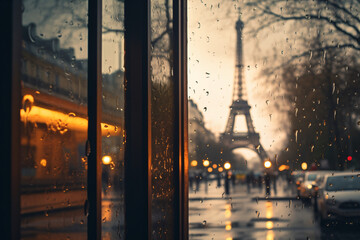 A rainy day in paris with the eiffel tower seen through a window with rain drops on the glass - obrazy, fototapety, plakaty
