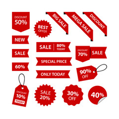 Naklejka na ściany i meble Set of red sale shopping ribbons, badges and banners with the inscription sale, buy now, new on a red background