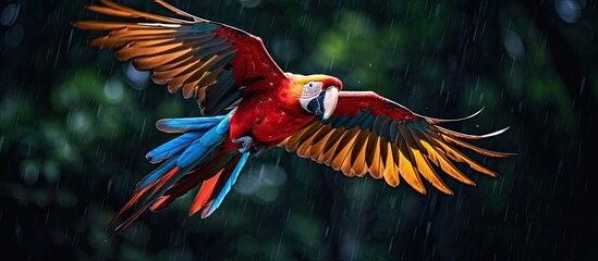 Scarlet macaw flying in lush green forest with vibrant colors rain and tropical vibes