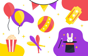 Carnival elements set. Holiday and festival objects. Basket with pop corn and colorful balloons. Rabbit in black hat with magic wand. Cartoon flat vector collection isolated on white background