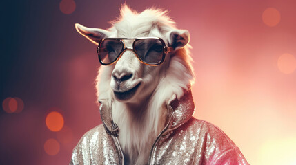 A goat in a bling jacket,  ready to rap its heart out. Wide banner with copy space on the side - obrazy, fototapety, plakaty