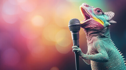 A chameleon with a microphone,  blending into the spotlight. Wide banner with copy space on the side