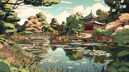 Serene Japanese gardens. Fantasy concept , Illustration painting.
