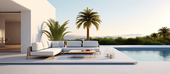 Fototapeta premium Modern house or hotel with luxury interior design featuring a concrete floor terrace and swimming pool against a white wall background with an empty picture frame nearby