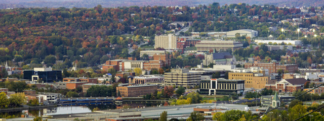 Sherbrooke city downtown panoramic autumn colors, small college town in Quebec, Canada view from Mont-Bellevue