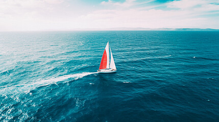 Aerial shot of a sailboat isolated in the middle of the ocean