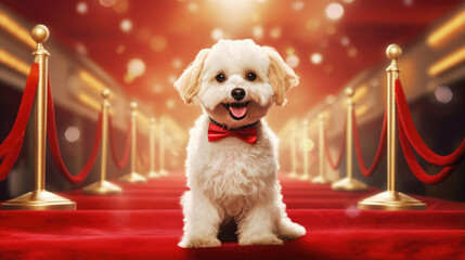 A dog dressed as a movie star,  complete with a red carpet entrance. Wide banner with copy space on the side
