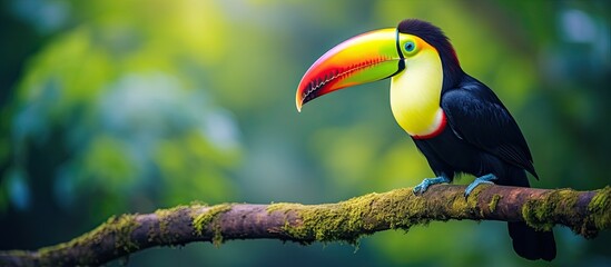Wildlife in Costa Rica Keel billed Toucan a beautiful bird with a large bill found in its natural habitat within the Central American forest - obrazy, fototapety, plakaty