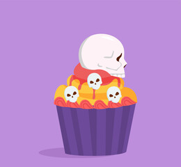 Halloween cupcake concept. Cake with skulls. Dessert for holiday of fear. Delicacy and bakery, pastry product. Poster or banner. Cartoon flat vector illustration isolated on violet background