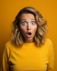 A white woman doing a shocked look on tan background