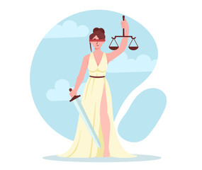 Justice woman concept. Young girl in white dress with scales and sword. Law and legal support. Judge Themis, Greek mythology goddess. Poster or banner. Cartoon flat vector illustration