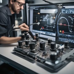 A close-up of a scientist adjusting the knobs of a powerful electron microscope1