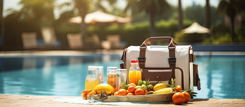 Picnic with portable refrigerated bags by the pool
