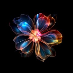 Multicolor neon light flowers isolated on black background