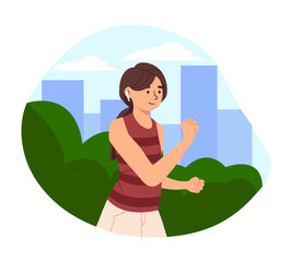 Sport woman with earphones concept. Young girl in red tshirt and beige pants. Active lifestyle and fitness. Training and worout outdoor. Runner and sprinter. Cartoon flat vector illustration