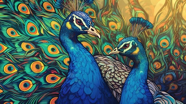 Striking peacocks displaying their feathers. Fantasy concept , Illustration painting.