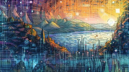 Surreal city of the future, digital landscape. Fantasy concept , Illustration painting.