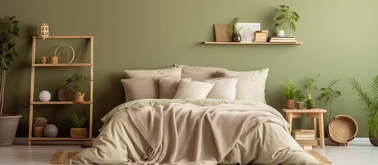 Cozy bedroom with mock up poster frame boho bed beige bedding green stucco wall books plants and personal accessories - obrazy, fototapety, plakaty