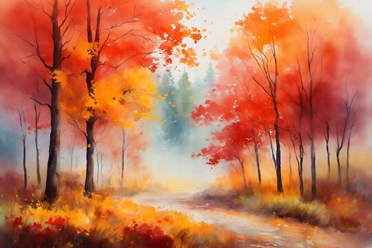 Colorful Autumn Red and Orange Trees in Fall, Beautiful Painting of Scenic Outdoor Nature View with Pines and Pastel Hues on a Foggy Day