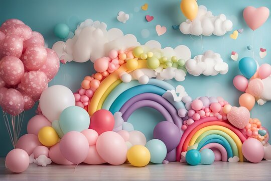 Rainbow Balloons Digital Party Backdrop Photography Background Birthday Party Overlays Balloons Kids Party Decor Birthday Backdrop Overlay